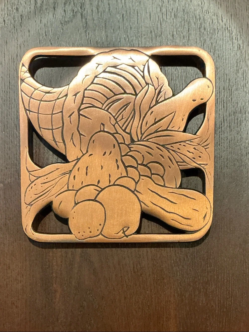 Carved Wood Cornucopia Cast Iron with Copper accents Trivet